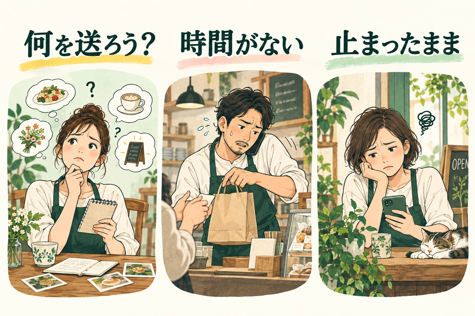 配信内容が思いつかない、接客で時間がない、LINEが止まったまま。経営者が抱える3つの悩みのイラスト