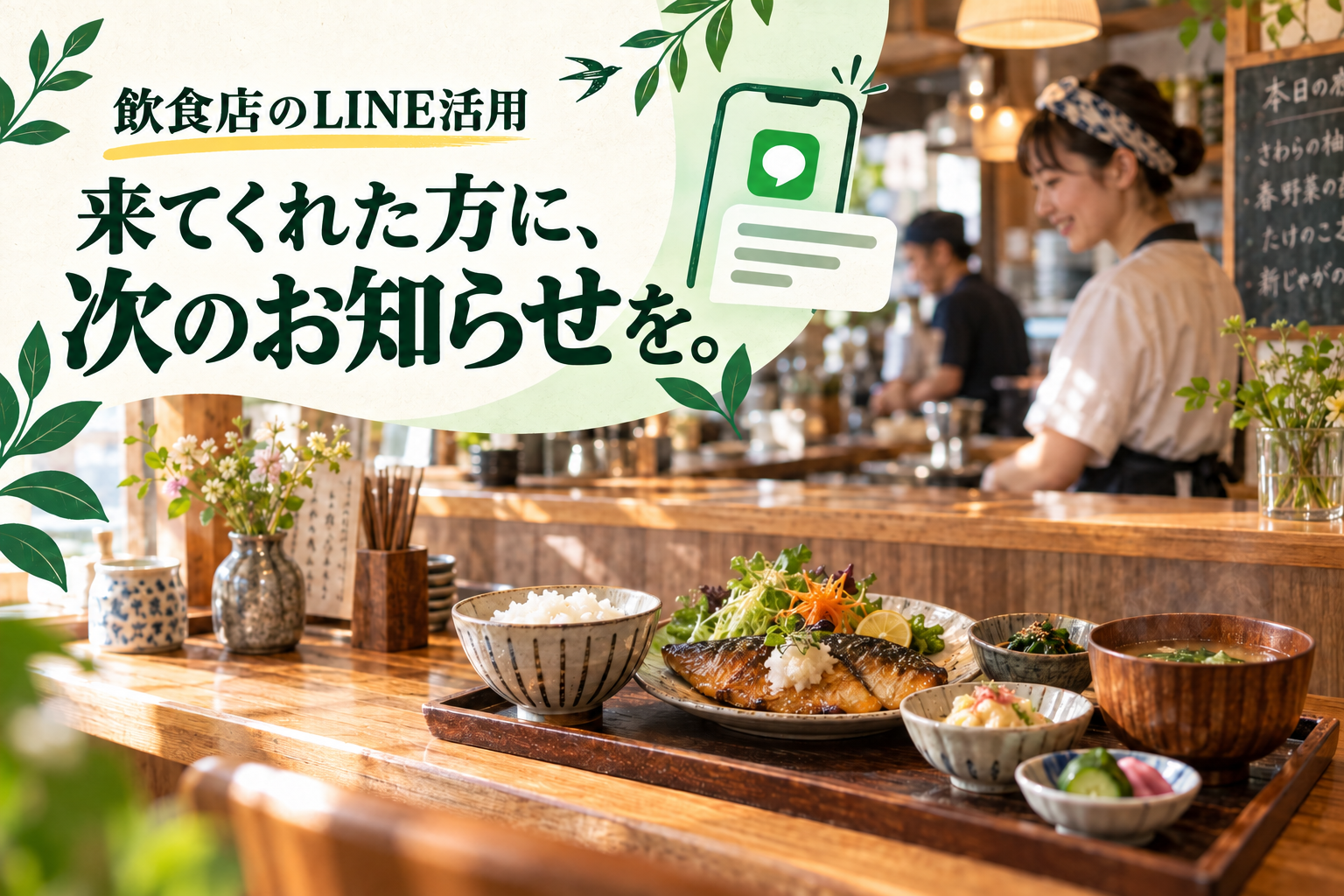 飲食店のLINE活用。季節の料理が並ぶ店内と、おすすめを配信するメッセージのイメージ