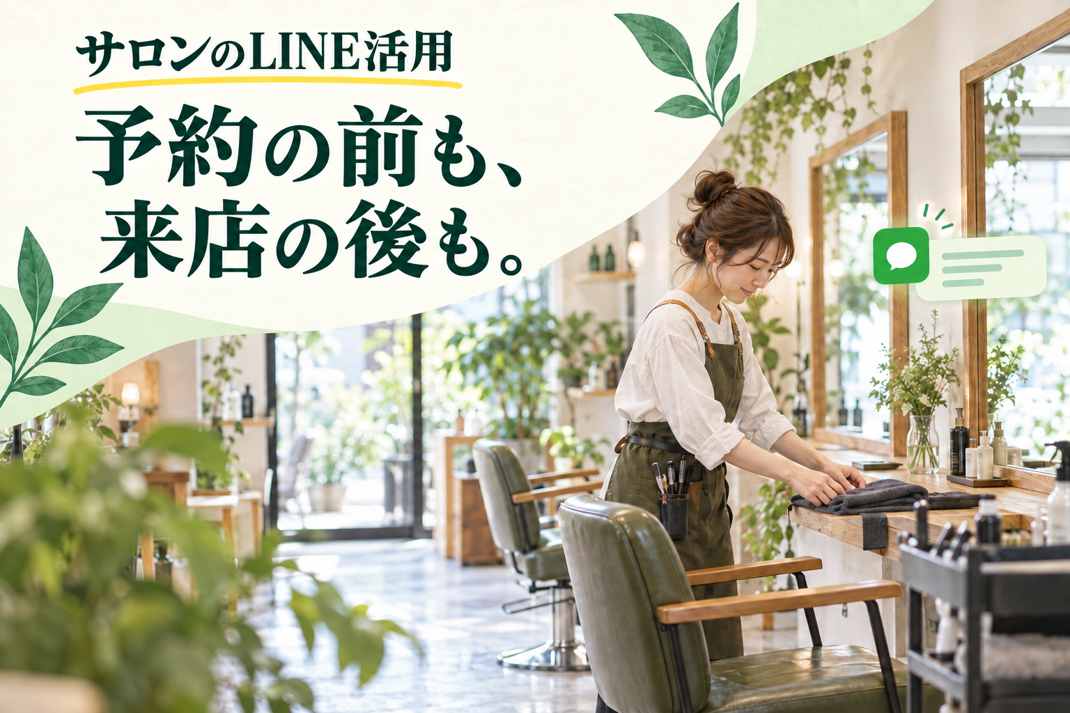 サロンのLINE活用。明るい美容室と、予約前後の案内を届けるメッセージのイメージ