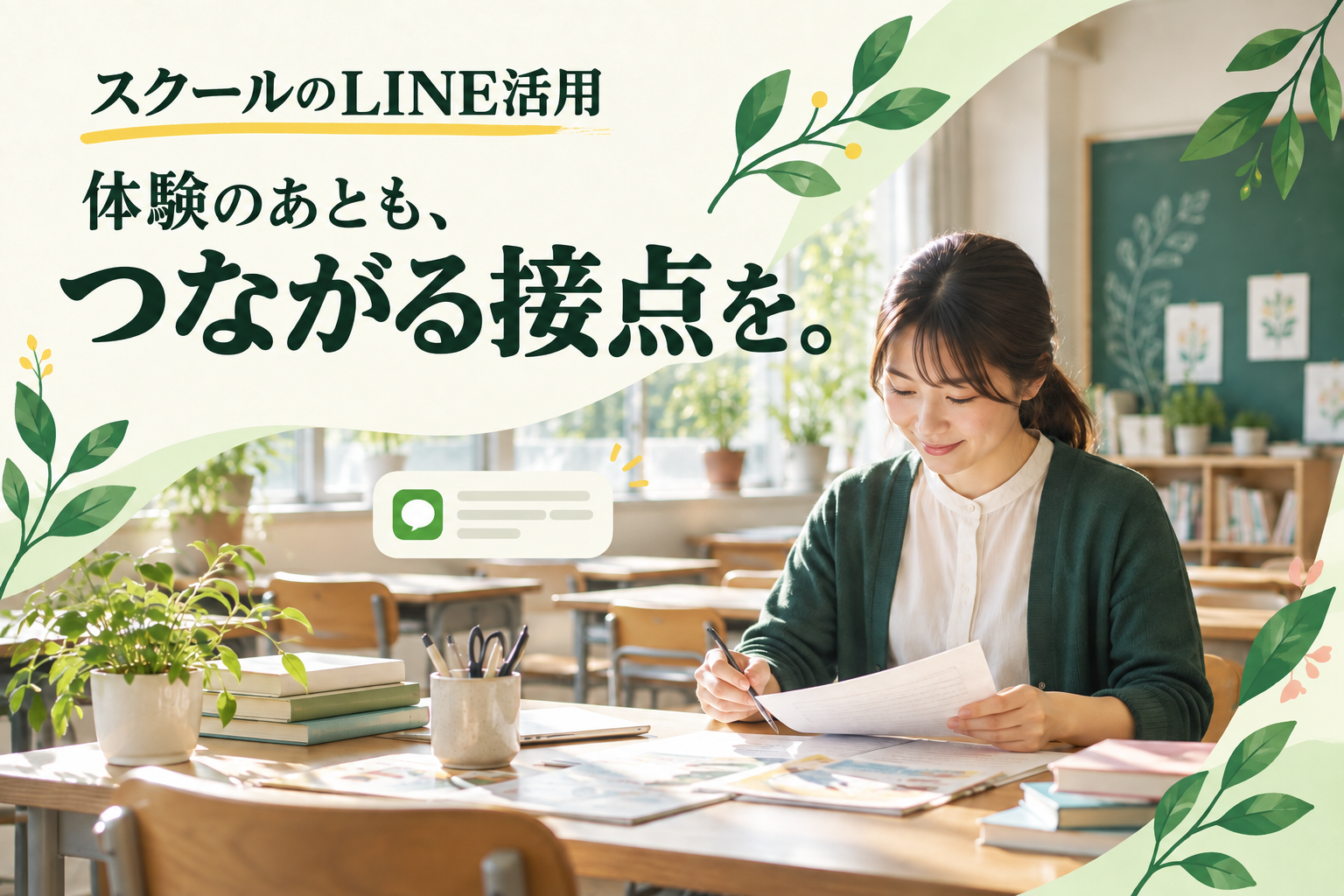 スクールのLINE活用。体験レッスンを準備する教室と、その後の案内を届けるメッセージのイメージ