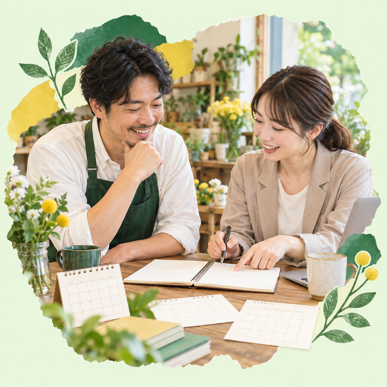 店主と担当者がノートを見ながら配信の企画を相談するイメージ